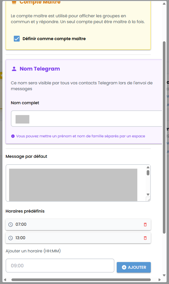 Paramètres des comptes